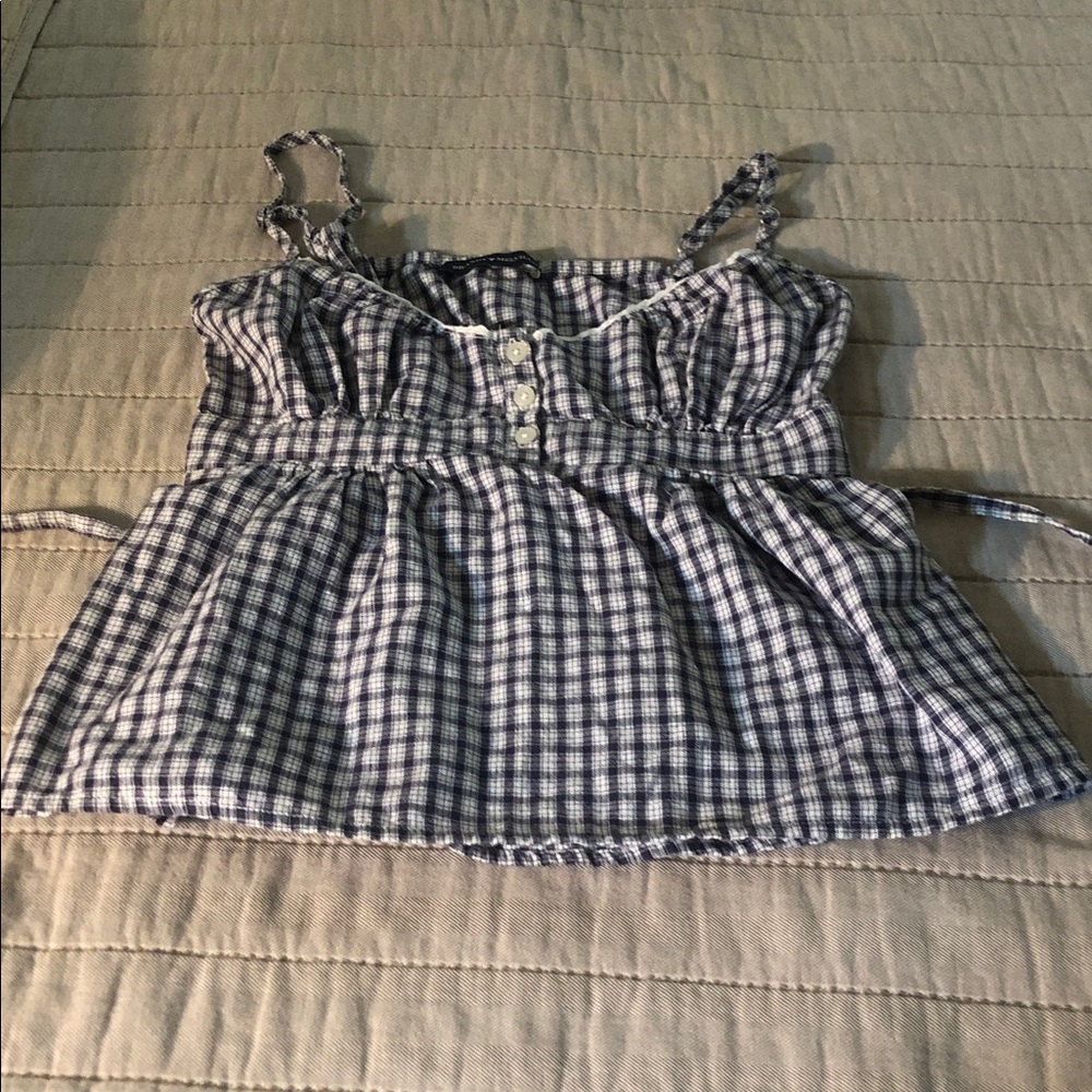 Brandy Melville Gray and White Gingham Spaghetti Strap Women's Top
